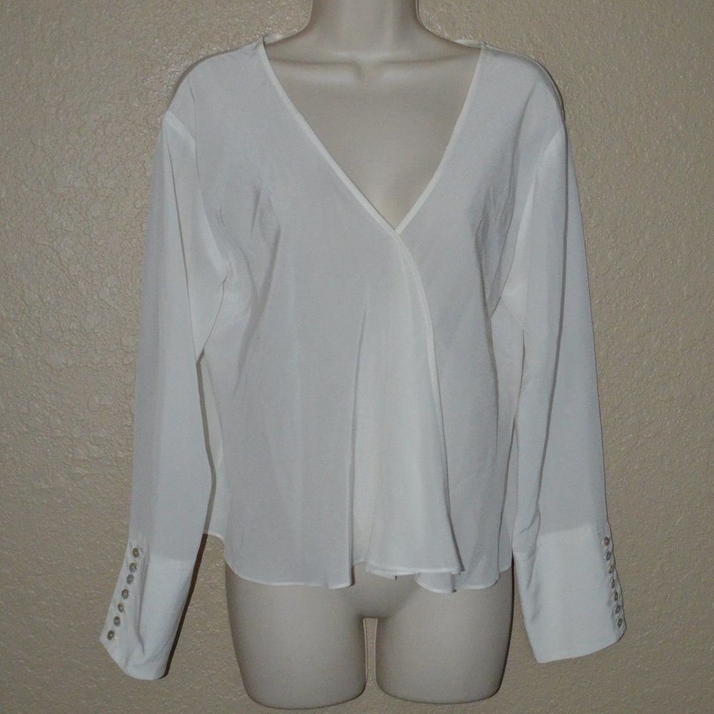 Sz M Sablyn White Silk V-Neck Long Sleeve Blouse